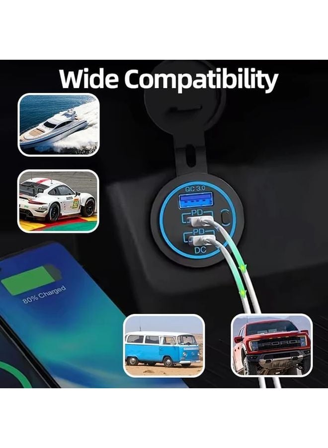 شاحن سيارة سريع 60 واط ضوء أخضر مع منفذ USB C PD ومنفذي QC3.0 مزدوجين، مفتاح لمس، هيكل ألومنيوم، يشمل كابل وصمام حماية. - Image 4